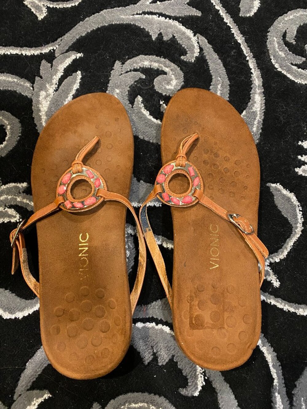 Vionic Ricci Rust Brown Embellished Pink Flip Flops Sandals Womens Sz.12 wide